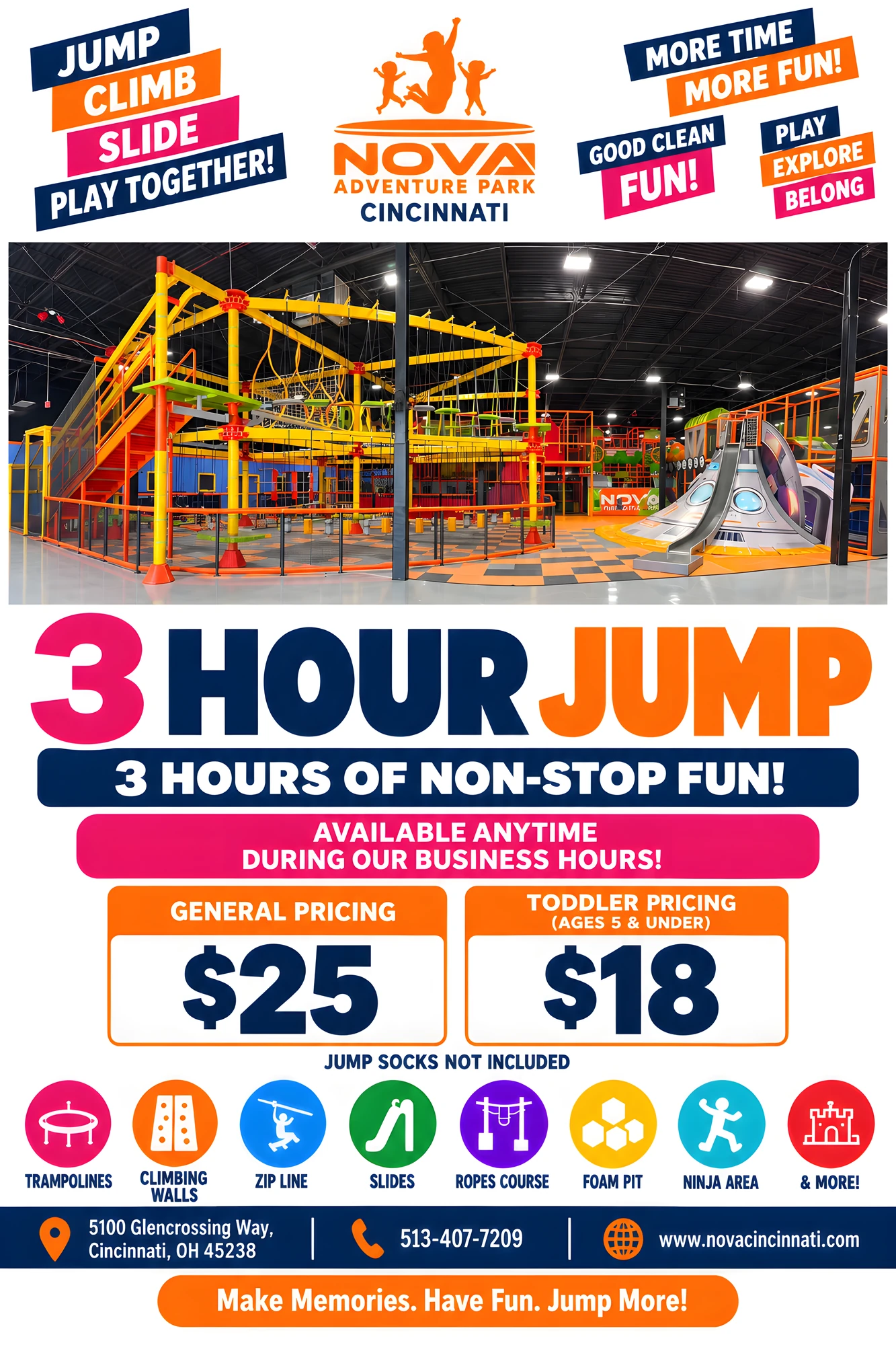 3 Hour Jump at Nova Adventure Park Cincinnati: 3 hours of non-stop fun, available anytime during business hours. General pricing $25, toddler pricing (ages 5 and under) $18. Jump socks not included. Trampolines, climbing walls, zip line, slides, ropes course, foam pit, ninja area and more.